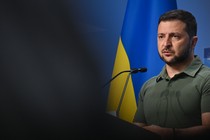 Ukrainian President Volodymyr Zelensky speaks at a press conference at the NATO meeting in Vilnius.