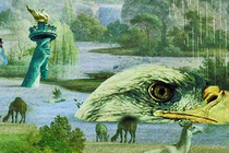 A surreal scene Lady Liberty’s torch and a large eagle’s head are submerged in water.