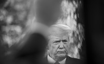 Black-and-white picture of Donald Trump looking worried