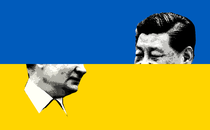 A Ukrainian flag with images of Xi Jinping and Vladimir Putin