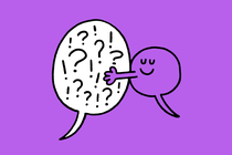 illustration of smiling conversation bubble hugging another conversation bubble filled with !!! and ???