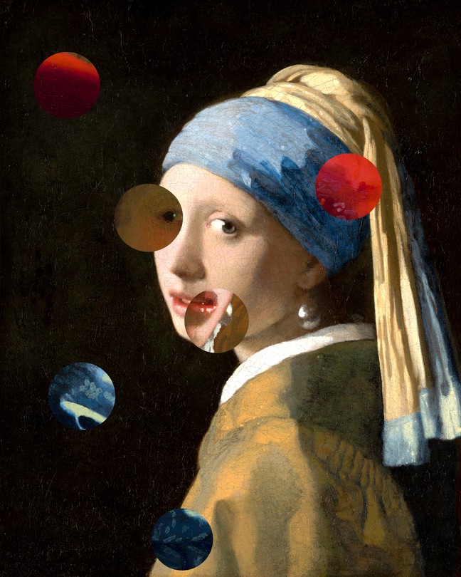 Vermeer's "Girl With a Pearl Earring" painting, with circles containing details from "Girl With a Red Hat" superimposed