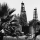 Horses stand beneath oil derricks and palm trees in this black-and-white photo of Los Angeles, California.