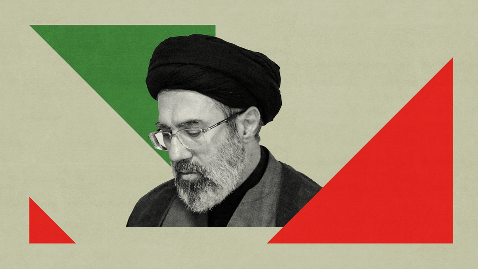 Black and white illustration of Mojtaba Khamenei against a red and green geometric background.