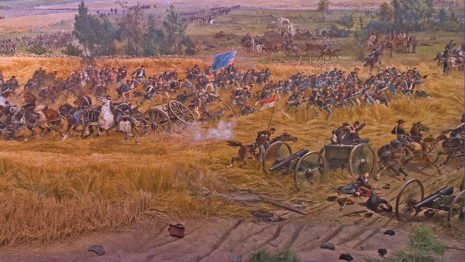 A scene from the Gettysburg Cyclorama, an 1883 cyclorama painting depicting the climactic clash between Union and Confederate forces during the Battle of Gettysburg in 1863.