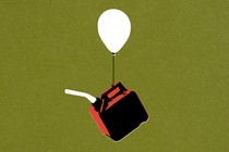 An illustration of a gas can buoyed up by a balloon
