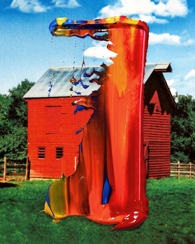 A marbled paint stroke obscuring a barn in a green field