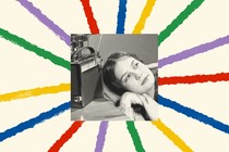 A starburst of colorful stripes including purple, yellow, green, red, and blue extend out from a black-and-white photo of a young woman resting her head next to a radio.