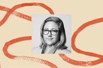 A black-and-white photo of Sarah Longwell, bordered by an illustration