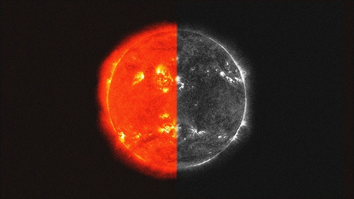 A thermal image of the sun with half of it grayed out