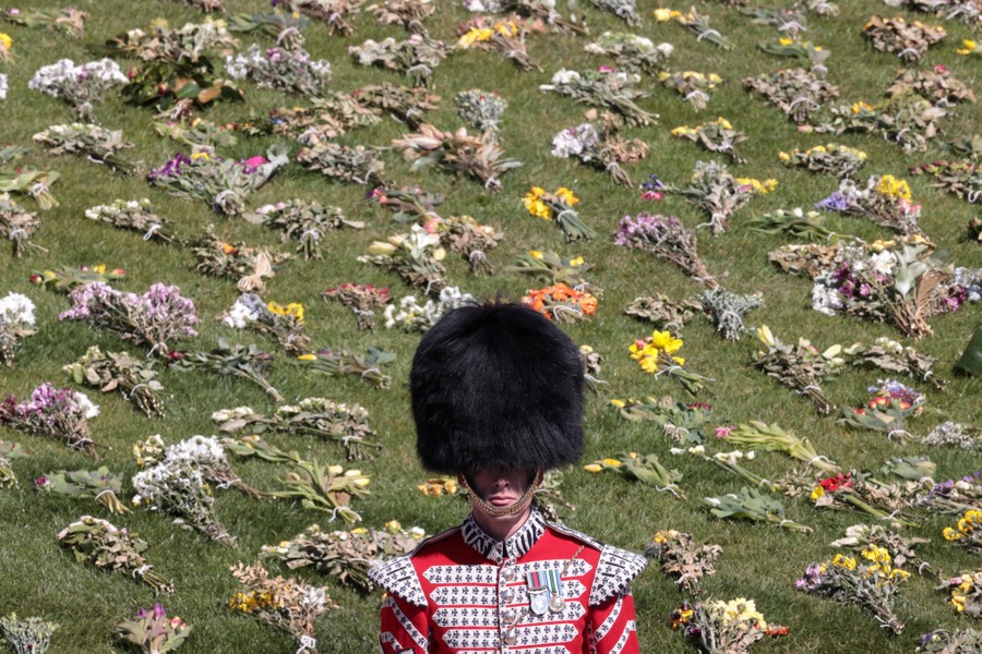 A soldier wearing a large fur hat stands before a lawn covered with flower bouquets.