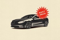 A Tesla overlaid with a "best price" sticker