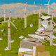 Illustration of paperwork being blown away in a wind farm