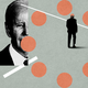 An illustration that includes geometric shapes and split images of President Joe Biden appearing confused.