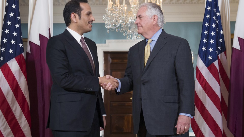 Secretary of State Rex Tillerson and Qatari Foreign Minister Mohammed bin Abdulrahman al-Thani at the State Department on May 8, 2017