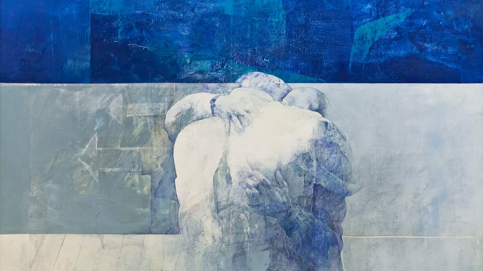 A painting of two people embracing, on a background of shades of blue