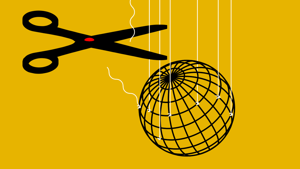 Illustration of scissors cutting threads from which a globe is hanging