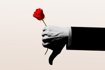 Illustration of a hand making the thumbs-down gesture while holding a rose