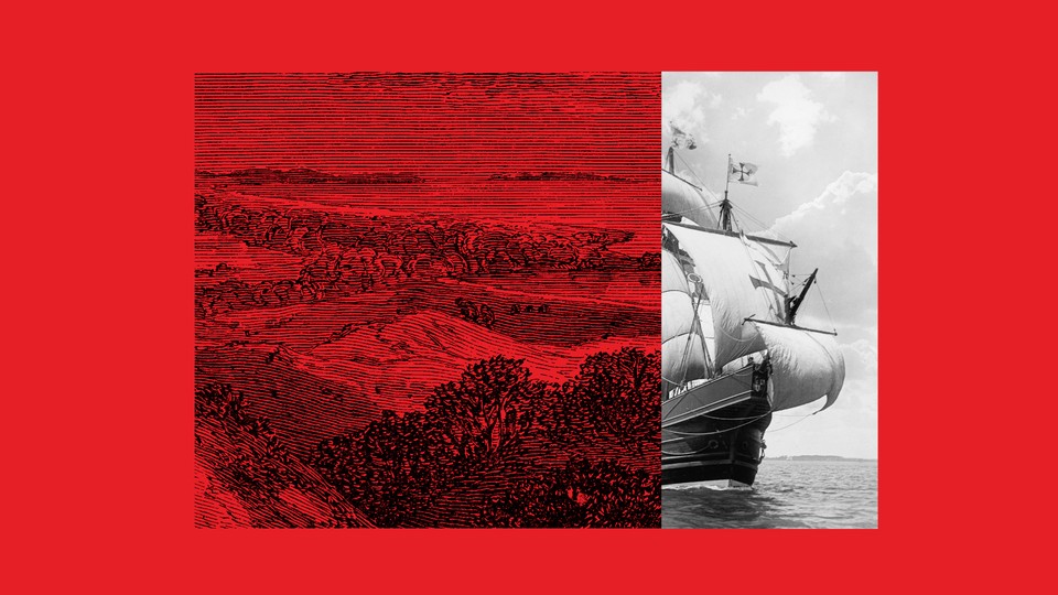 diptych of lithograph of America circa 1940 and a ship