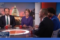 Guests talk around a table on the latest episode of Washington Week With the Atlantic