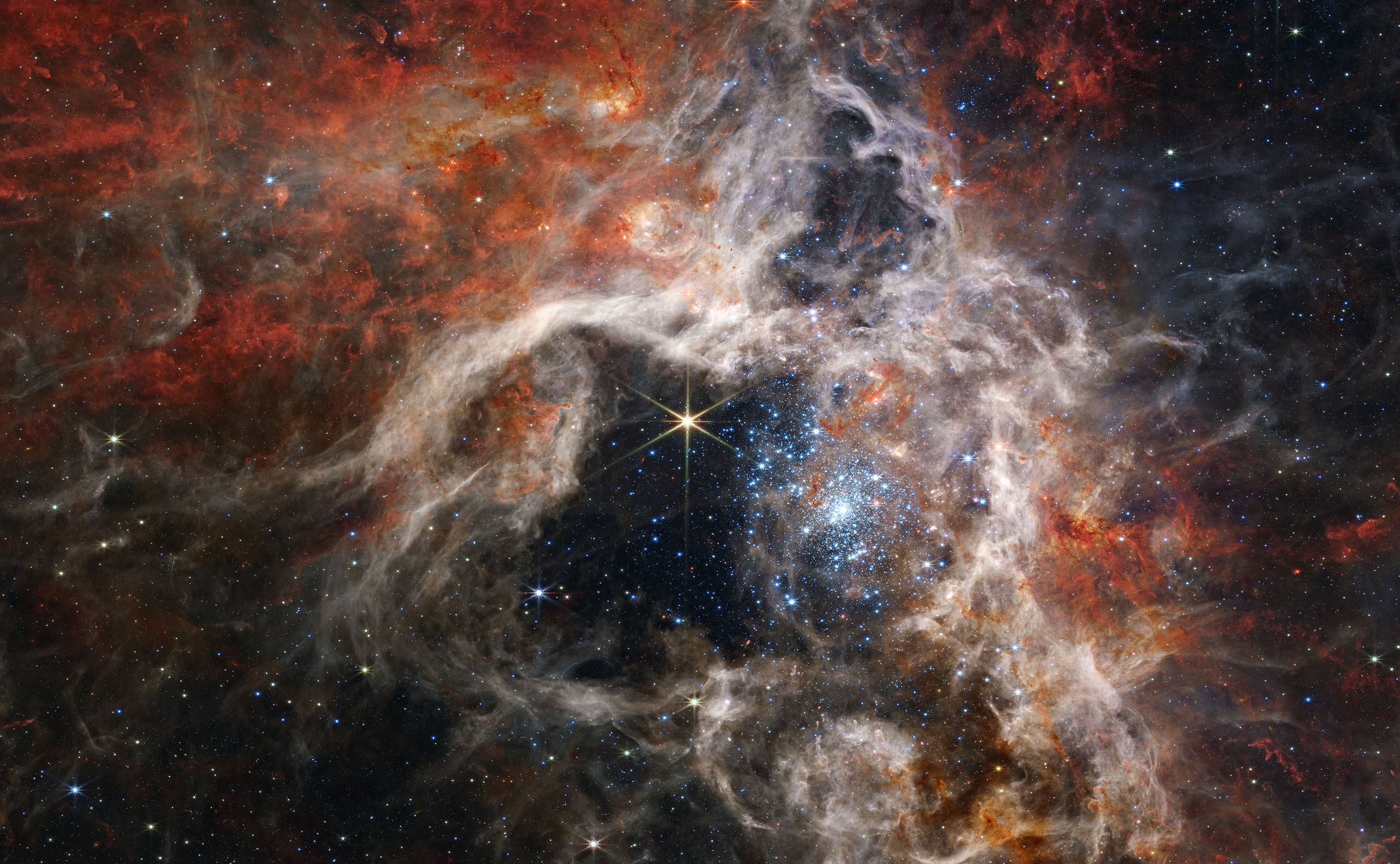 A cluster of blue stars appear in a cavity within a larger billowing cloud of gas and dust