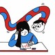 Illustration of a boy with a long, bendy neck peering over the shoulder of a girl doing work