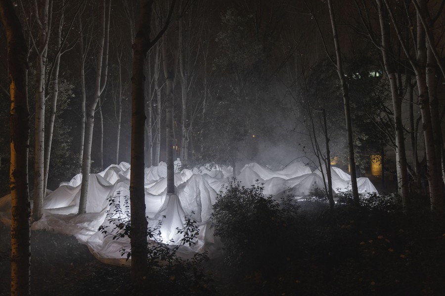 Fabric is illuminated among trees at night.