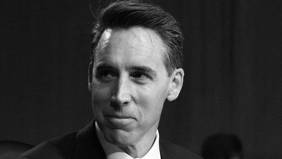 Black and white photo of Senator Josh Hawley