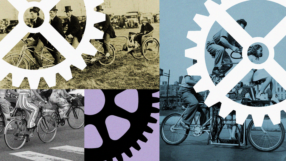 three photos of people riding bicycles with drawings of gears overlaying them
