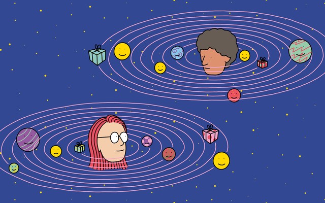 Illustration of two people with happy faces and gifts orbiting them