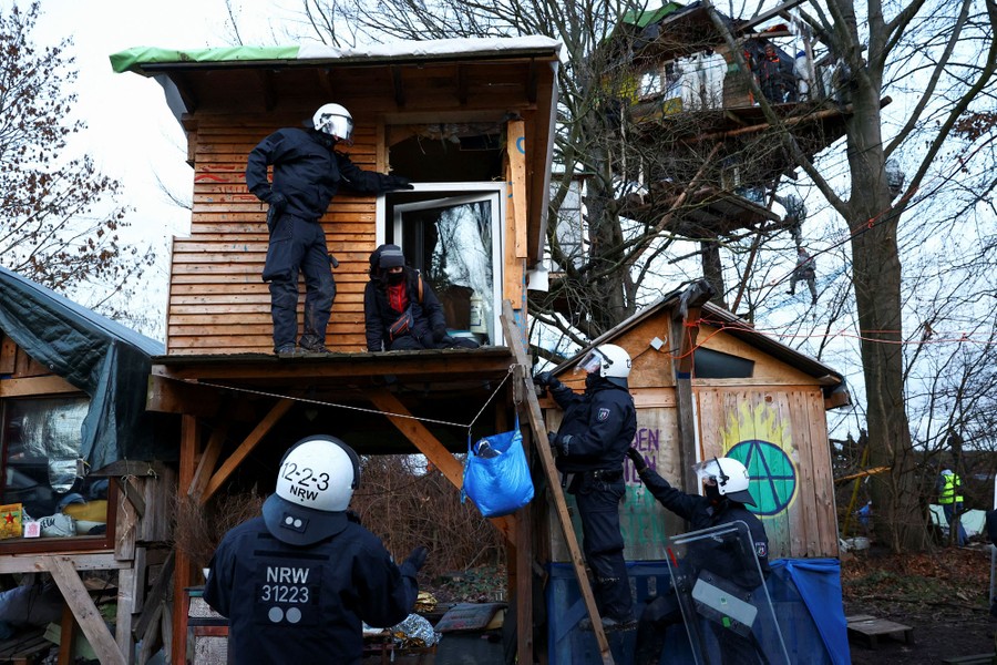 Several riot police officers gather around and on a series of shacks and treehouses occupied by protesters.
