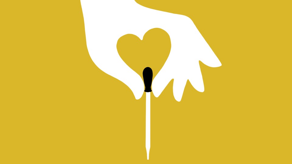 Illustration of a heart-shaped hand holding a pipette against a yellow background