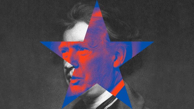 A black and white portrait of Edmund Burke overlaid with Donald Trump's face in a red and blue star