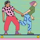 Illustration of a couple riding the same skateboard and holding hands. The skateboard's wheels are smiley faces.