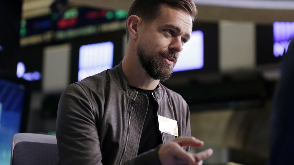 Jack Dorsey gestures during a conversation on the floor of the New York Stock Exchange.