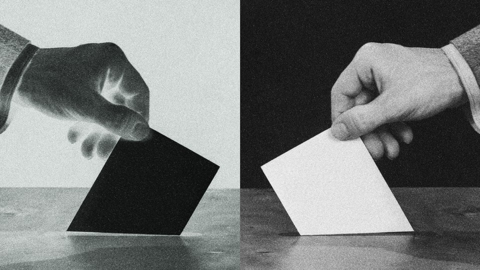 A split-screen illustration of two ballots being submitted, one black and one white