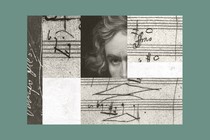 Collage of a portrait of Beethoven and his handwritten manuscripts, including unusual dynamic markings