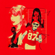 A photo collage of Travis Kelce and Taylor Swift on a red background
