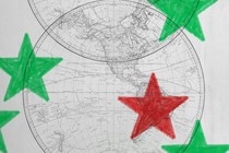 Two overlapping world maps of the Western Hemisphere with five stars, four of them green and one red.