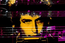 a photo of bob dylan with musical notation overlaid