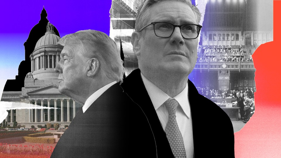 Collage with black-and-white photographs of Donald Trump’s side profile, Keir Starmer, a legislative building, and the House of Commons