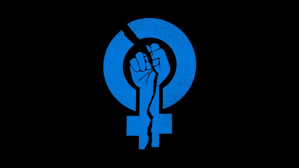 An illustration of a cracked blue feminism symbol (a raised fist surrounded by a Venus symbol)