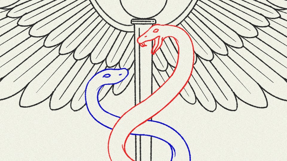 An illustration of a medical-rod symbol with two snakes intertwined around it, a red snake hissing at a blue snake.