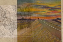 In a collage there is a map on top of a drawing of a car driving in the sunset on a long road