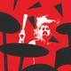 illustration with white photo image of Dave Grohl playing drums, hair flying, hand with stick raised, on red background with black abstract drum set and shattered black triangles flying off it