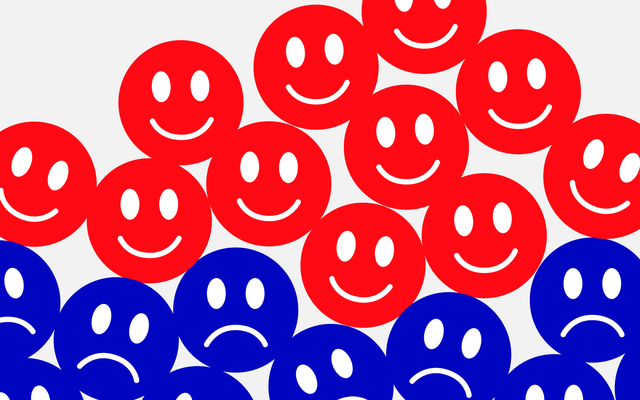 An illustration of red smiley faces on top of blue frowny faces