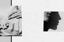 A black-and-white photo collage of hands and the lower half of a face, and its shadow, in profile
