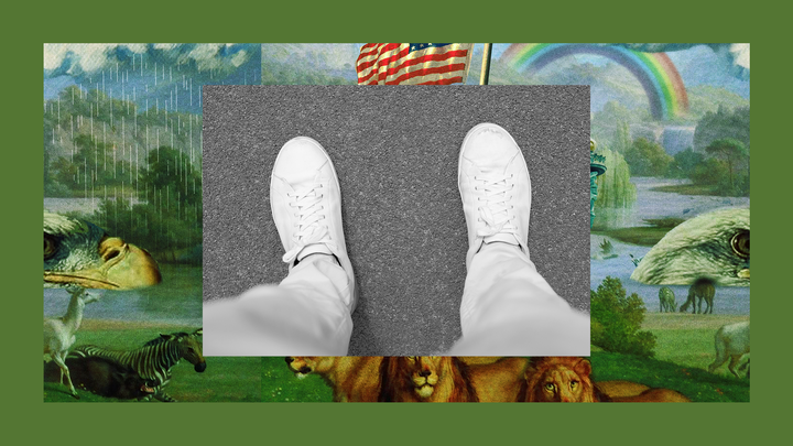 The legs and feet of a person wearing sweatpants, set into The Experiment’s image template.