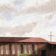 illustration of church building with many vertical windows, reddish roof, and cross with cloudy sky in background