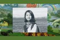 A young Aséna smiles at the camera while standing at the bow of a boat. The image is set into a frame featuring The Experiment’s show art.